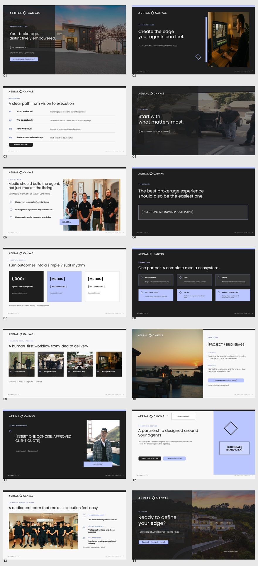 Contact sheet showing all fourteen Aerial Canvas presentation-template slides